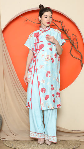 BLUE ORIENTAL FLORAL CHEONGSAM PANT SET