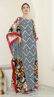 Blue Tribal Ikat Fringe Short Sleeve Kaftan