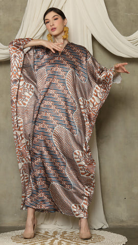 Brown Blue Long Sleeve Batik Kaftan