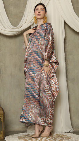 Brown Blue Long Sleeve Batik Kaftan