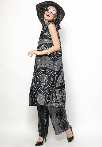 Black and White Kanzi Batik Vest Set with Pants