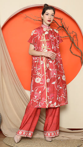 RED ORIENTAL FLORAL CHONGSAM PANT SET