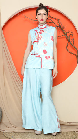 BLUE CHONGSAM FLORAL VEST with PANT SET