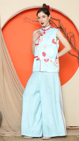 BLUE CHONGSAM FLORAL VEST with PANT SET