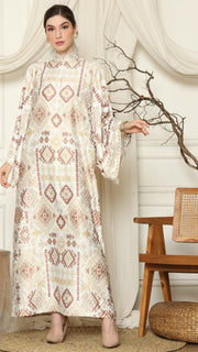 White Ikat Gold Long Sleeve Dress