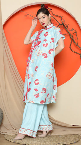 BLUE ORIENTAL FLORAL CHEONGSAM PANT SET