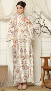 White Ikat Gold Long Sleeve Dress