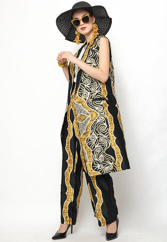 Yellow Black Kanzi Batik Vest Set with Pants