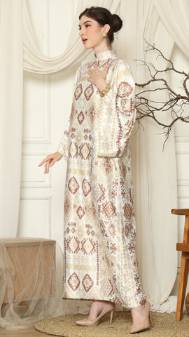 White Ikat Gold Long Sleeve Dress