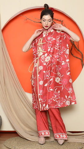 RED ORIENTAL FLORAL CHONGSAM PANT SET