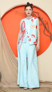 BLUE CHONGSAM FLORAL VEST with FLORAL PANTS SET