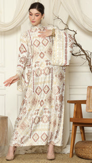 White Ikat Gold Long Sleeve Dress