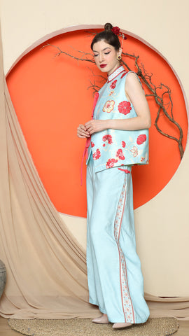 BLUE CHONGSAM FLORAL VEST with FLORAL PANTS SET