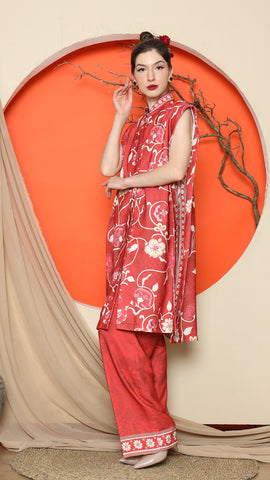 RED VEST KIMONO JACQUARD FLORAL PANT SET