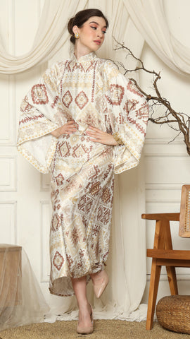 White Ikat Gold Long Sleeve Dress