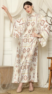 White Ikat Gold Long Sleeve Dress