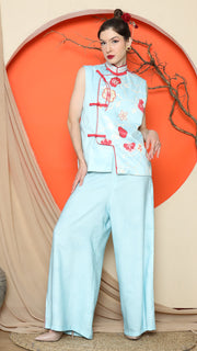 BLUE CHONGSAM FLORAL VEST with PANT SET