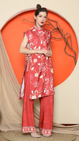 RED VEST KIMONO JACQUARD FLORAL PANT SET