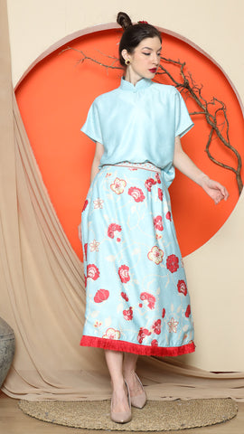 BLUE JACQUARD QIPAO SHIRT with FLORAL SKIRT