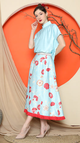 BLUE JACQUARD QIPAO SHIRT with FLORAL SKIRT