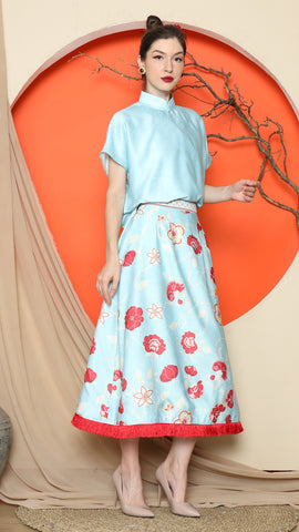 BLUE JACQUARD QIPAO SHIRT with FLORAL SKIRT