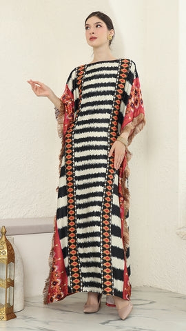 Stripe Ikat Short Sleeve Fringe Kaftan