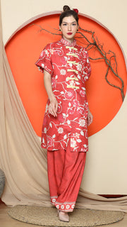 RED FLORAL CHEONGSAM PANT SET