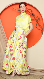 YELLOW JACQUARD QIPAO SHIRT with FLORAL SKIRT