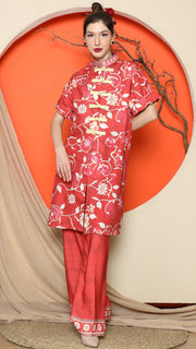 RED FLORAL CHEONGSAM PANT SET