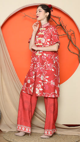 RED FLORAL CHEONGSAM PANT SET