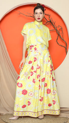 YELLOW JACQUARD QIPAO SHIRT with FLORAL SKIRT