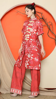 RED FLORAL CHEONGSAM PANT SET