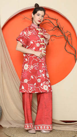 RED FLORAL CHEONGSAM PANT SET