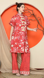 RED FLORAL CHEONGSAM PANT SET