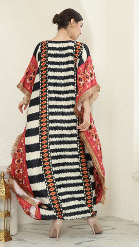 Stripe Ikat Short Sleeve Fringe Kaftan