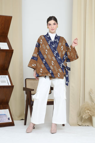 BROWN BLUE OVERSIZED IKAT KIMONO OUTER