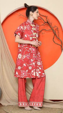 RED FLORAL CHEONGSAM PANT SET