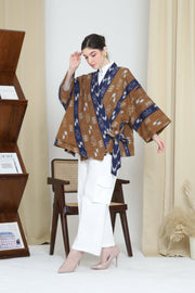 BROWN BLUE OVERSIZED IKAT KIMONO OUTER