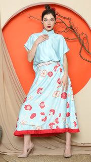 BLUE JACQUARD QIPAO SHIRT with FLORAL SKIRT