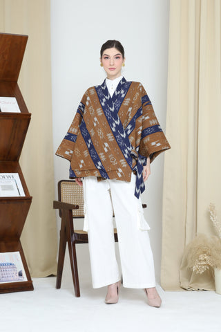 BROWN BLUE OVERSIZED IKAT KIMONO OUTER