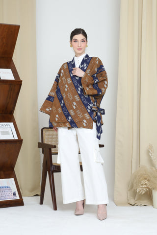 BROWN BLUE OVERSIZED IKAT KIMONO OUTER