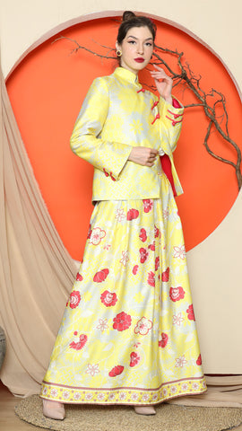 YELLOW FLORAL JACQUARD JACKET with SKIRT SET