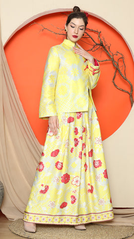 YELLOW FLORAL JACQUARD JACKET with SKIRT SET