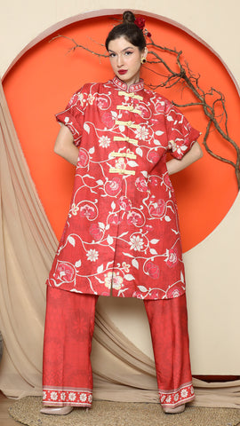 RED FLORAL CHEONGSAM PANT SET