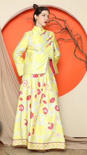 YELLOW FLORAL JACQUARD JACKET with SKIRT SET