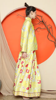 YELLOW FLORAL JACQUARD JACKET with SKIRT SET