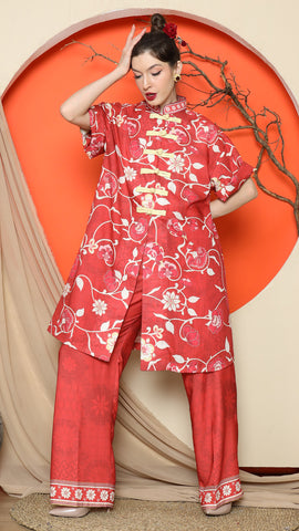 RED FLORAL CHEONGSAM PANT SET