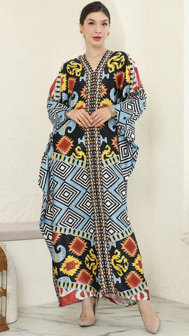 Blue Tribal Ikat Long Sleeve Kaftan