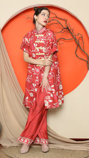 RED FLORAL CHEONGSAM PANT SET