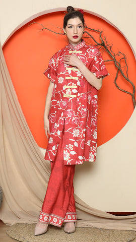 RED FLORAL CHEONGSAM PANT SET